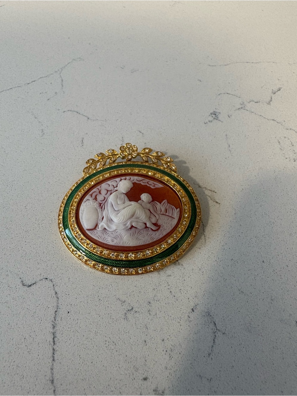 Joan Rivers Vintage-Style Gold Green Enamel Cameo Brooch